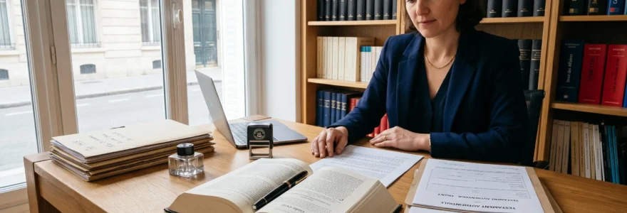 Bureau d'étude notariale avec Code civil français ouvert sur un bureau en bois, documents juridiques et formulaires de testament visibles