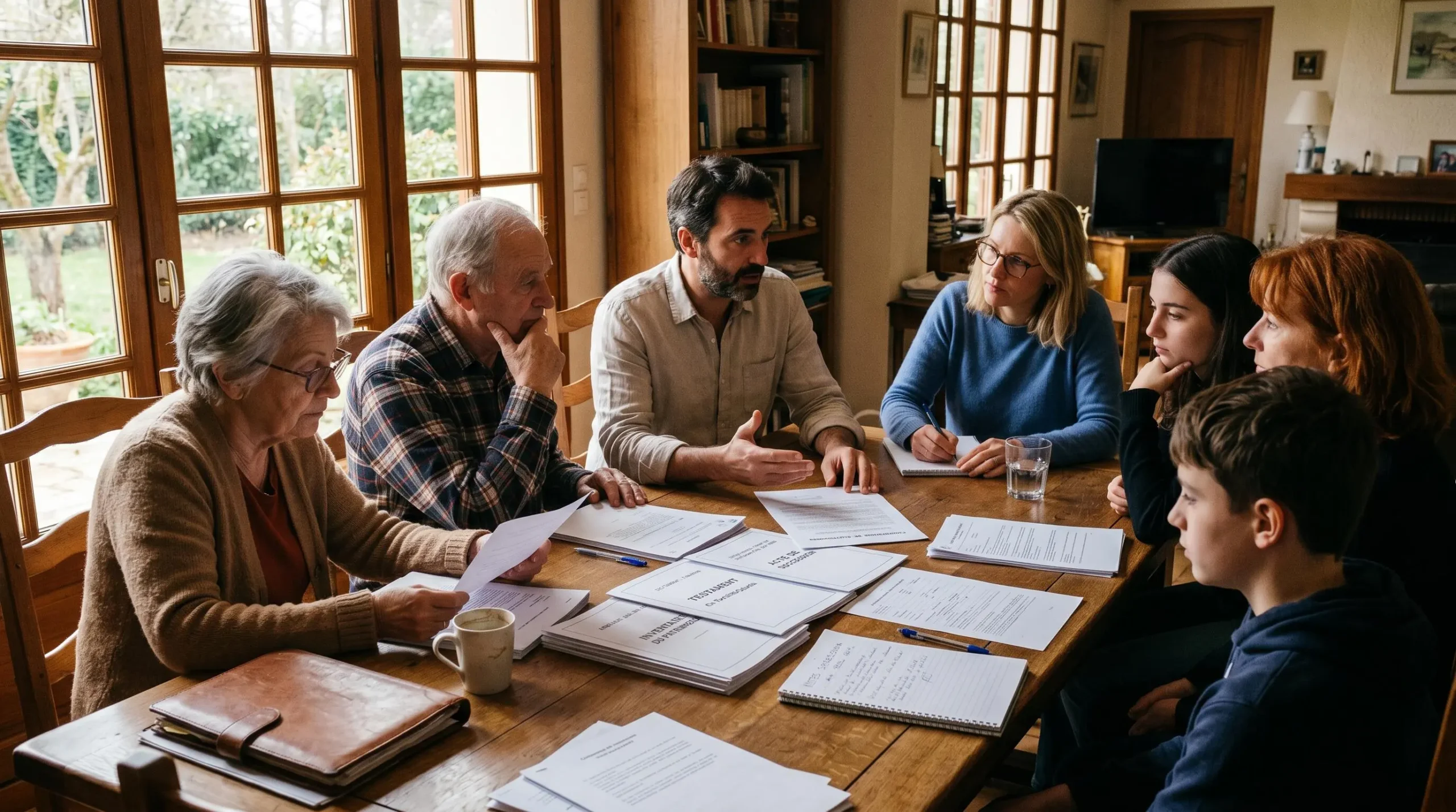 Famille française multigénérationnelle réunie autour d'une table discutant de documents de succession