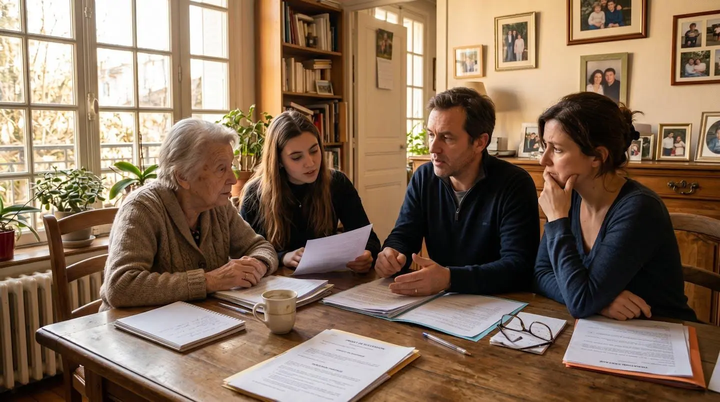 Famille française multigénérationnelle réunie autour d'une table discutant de documents de succession