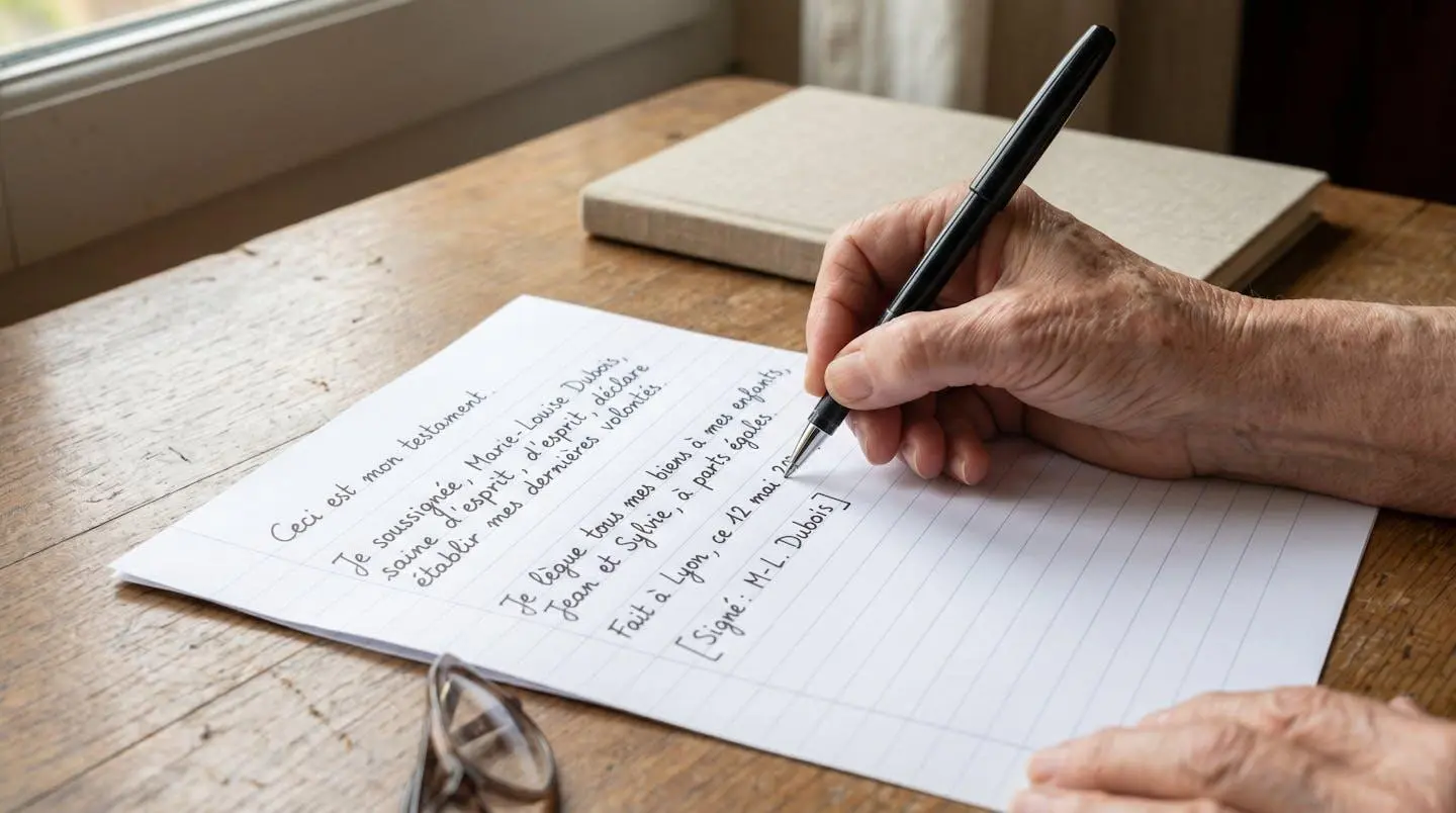 Main d'une personne âgée rédigeant un testament olographe à l'encre noire sur papier blanc